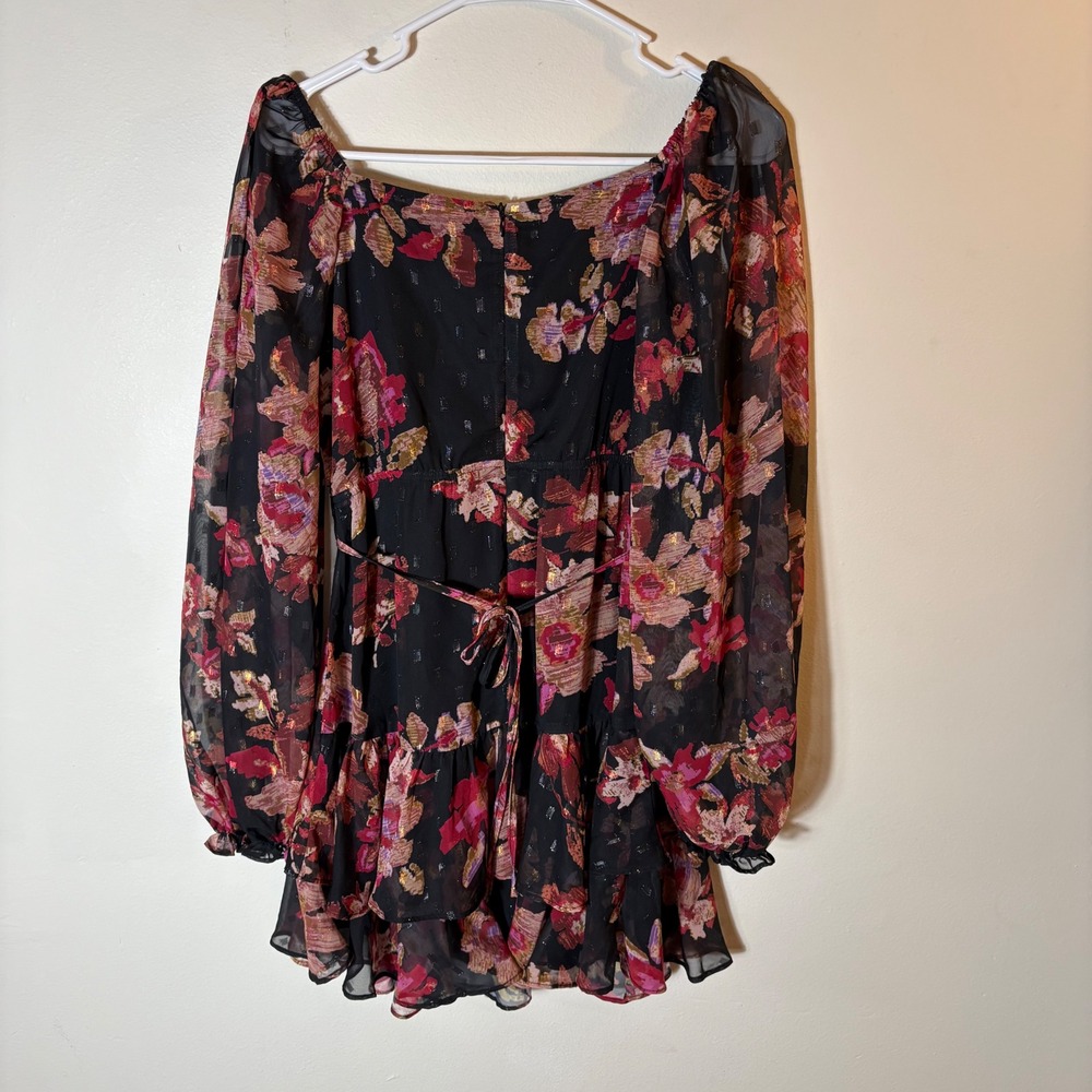 Lulus Dramatically Dreamy Black Floral Chiffon Tiered Lurex Mini Dress Medium - Picture 7 of 9